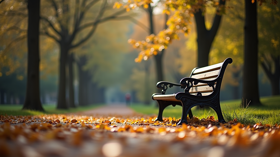 Eye-level view of a serene park bench surrounded by trees