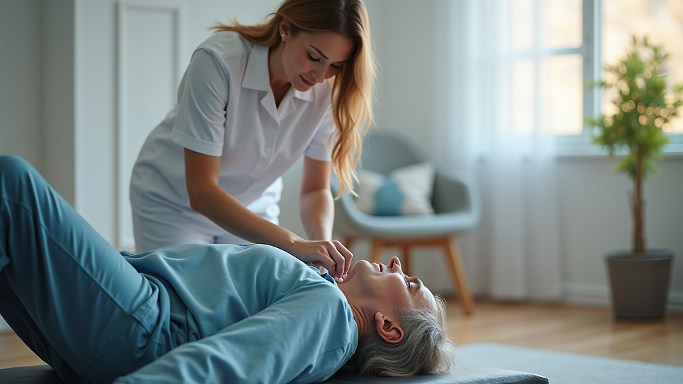 Eye-level view of a physiotherapist assisting a patient with mobility exercises