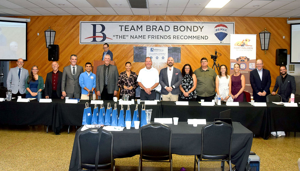 Councillor candidates include (from left): Shawn LeBlanc, Stephanie Pouget-Papak, Keith Boussey, Wes Ewer, Dhaval Prajapati, Peter Courtney, Sonya Elliott, Frank Cleminson, Armand Anderson, Lena Lazanja, Lorne Dupuis, Molly Allaire, Jen DeLuca, T.J. Botsford and Saurabh Katara.