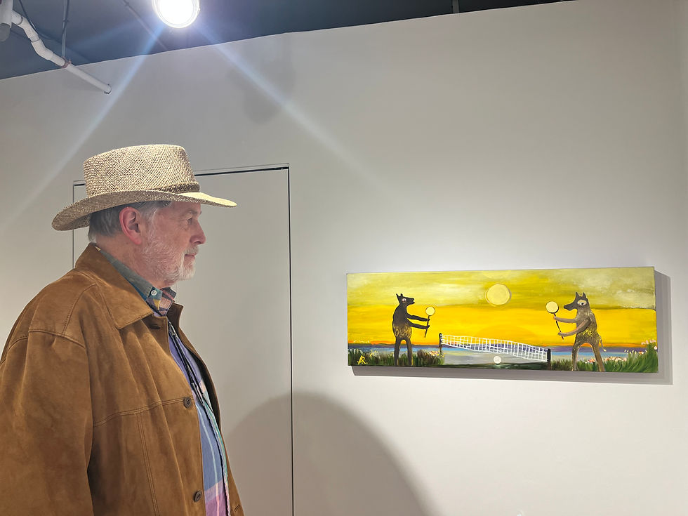 Brian George looking at Rozenman’s piece “Playing Tennis with the Light”, 10x36”, oil on canvas, 2025