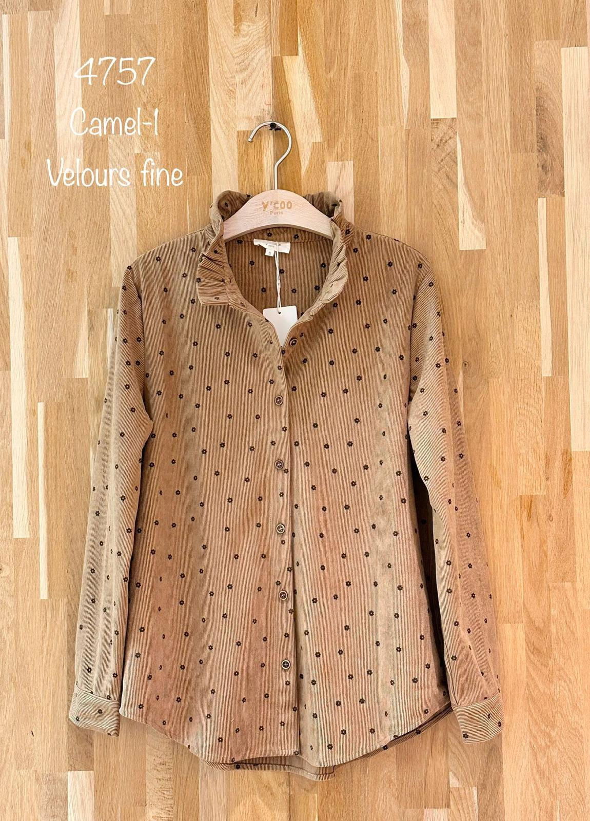 Chemisier velours côtelé camel col froufou