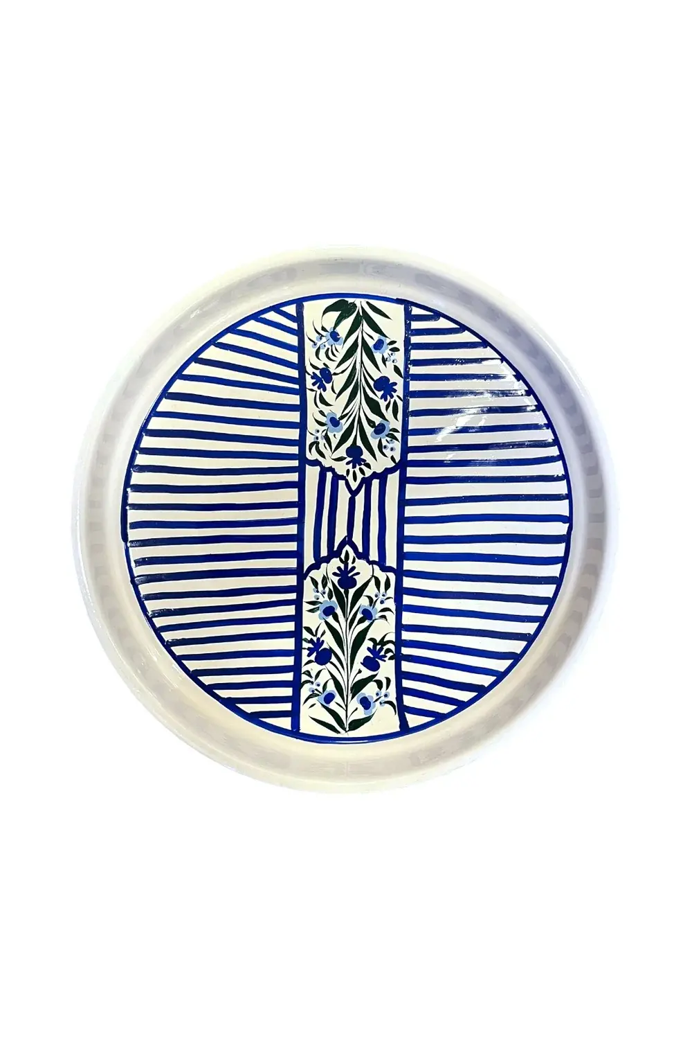 Plateau rond rayé bleu