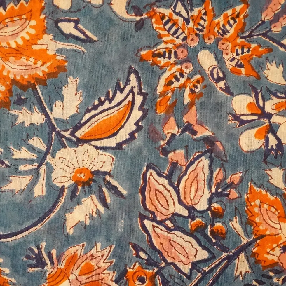 Miniaturbild: Foulard paréo bleu imprimé fleurs orange Claire Beaugrand