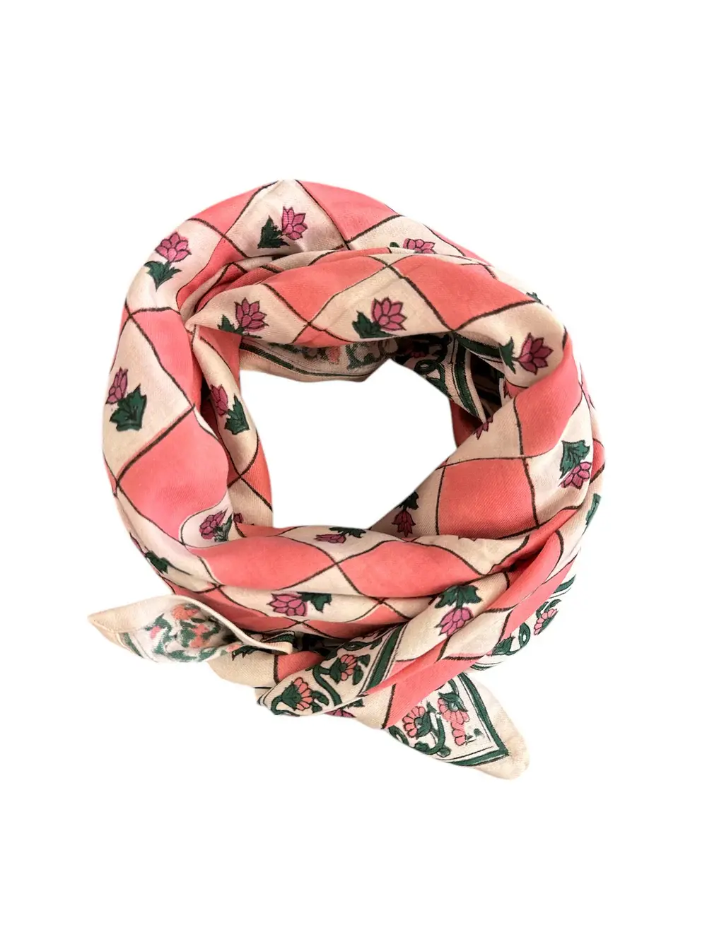 Grand foulard damier rose et fleurs