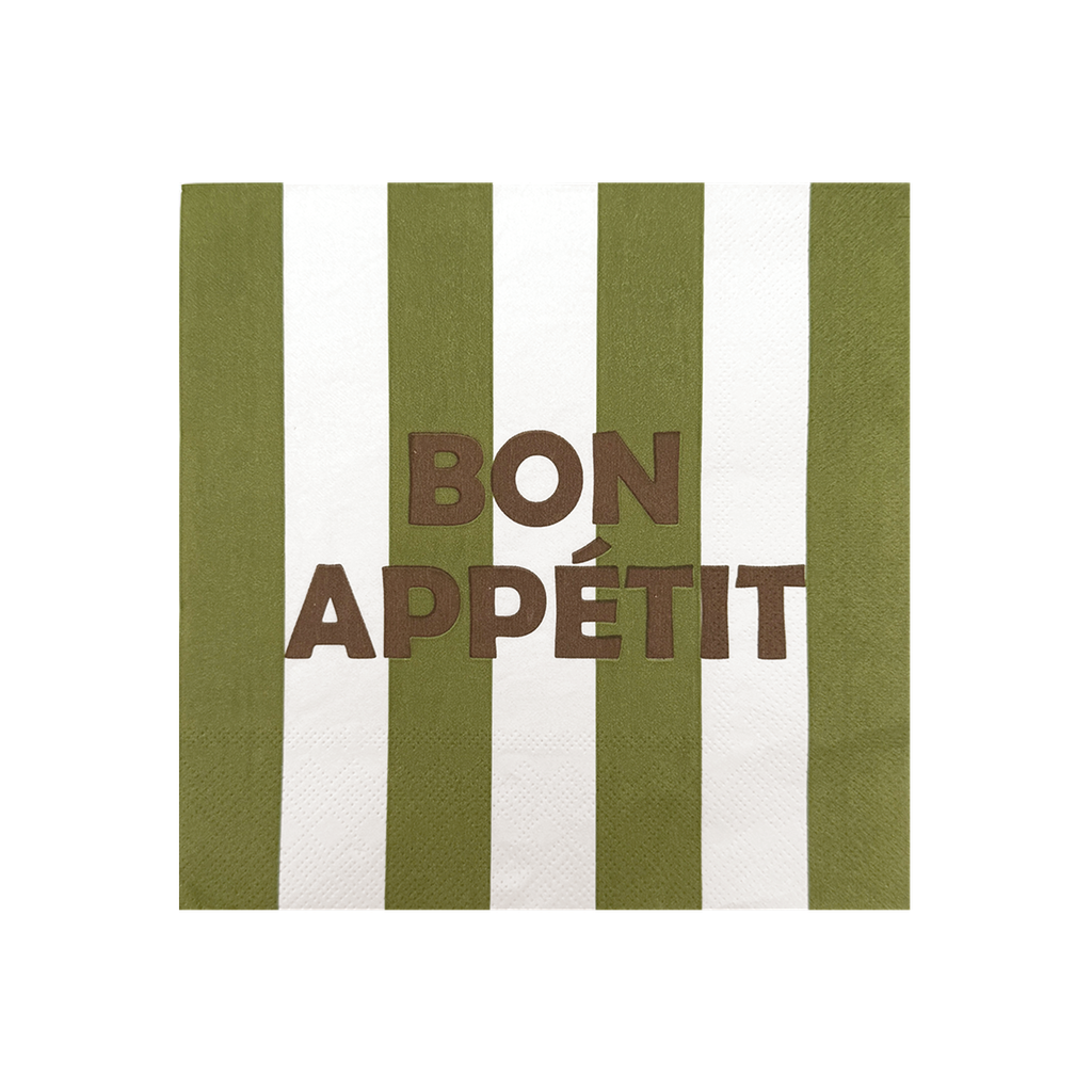 Serviettes en papier rayures vert kaki "Bon appétit"
