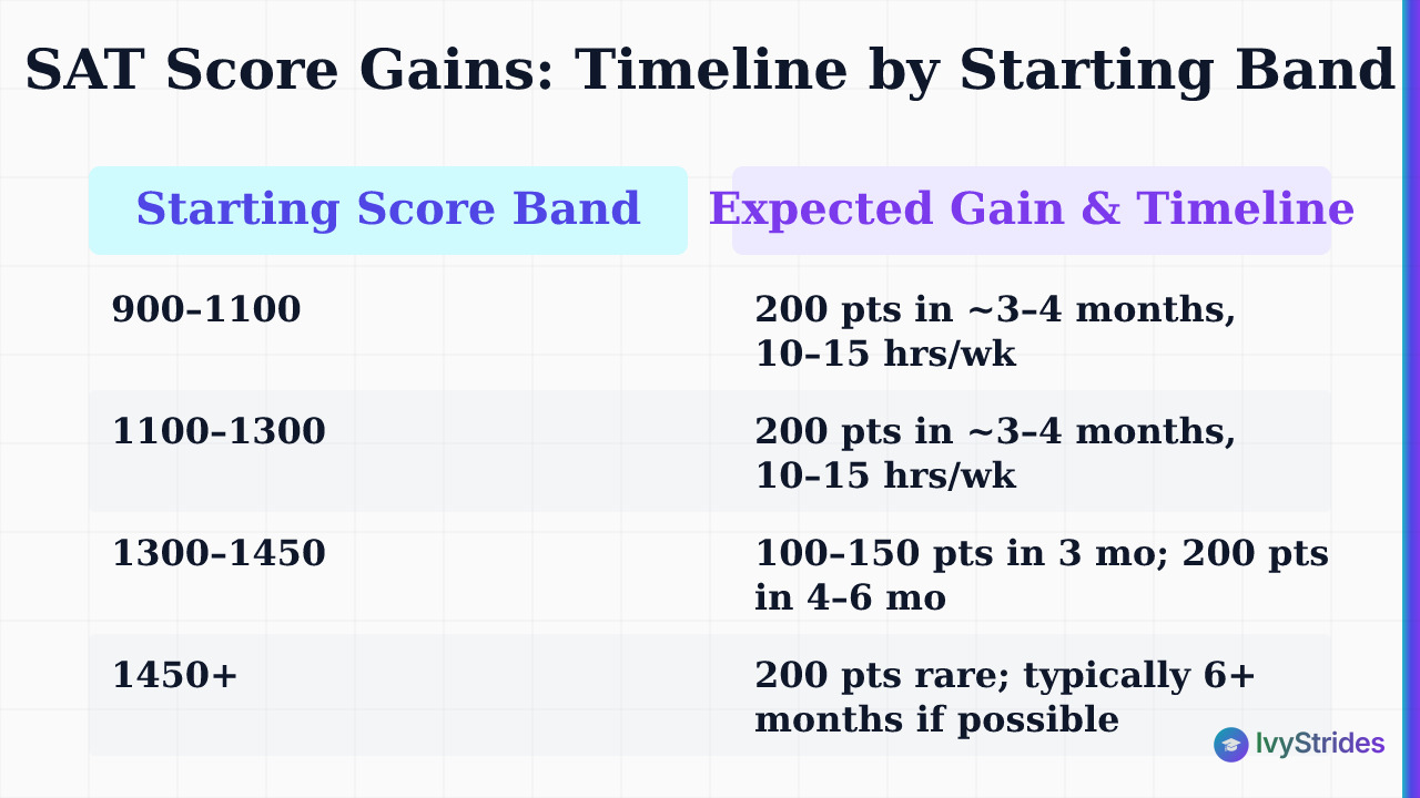 Comparison table showing realistic SAT score improvement timelines and weekly hours by starting score band from 900 to 1450+