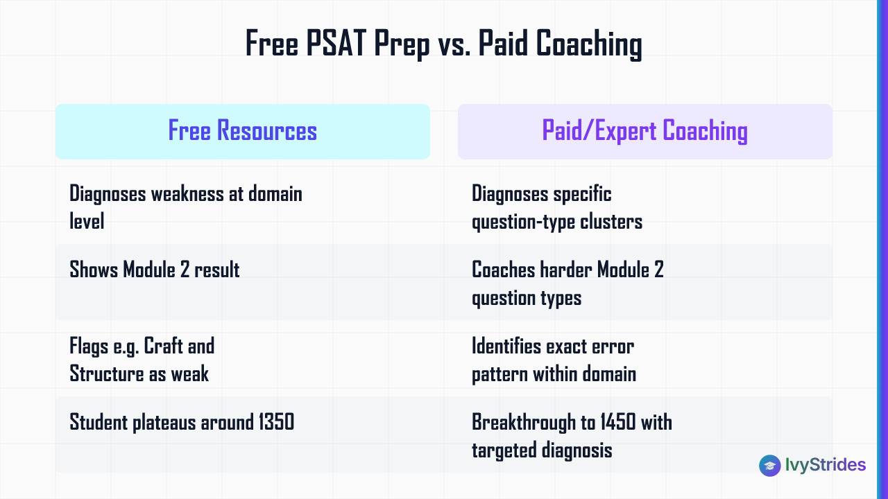 Comparison table showing free PSAT prep resources vs. paid coaching across diagnosis depth, Module 2 guidance, and score outc