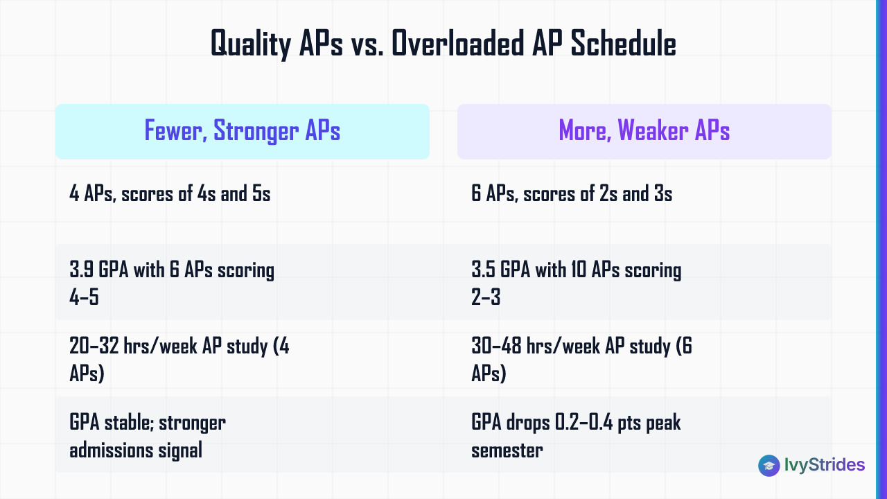 Comparison table showing fewer high-scoring APs outperform many low-scoring APs in GPA, exam scores, and admissions strength