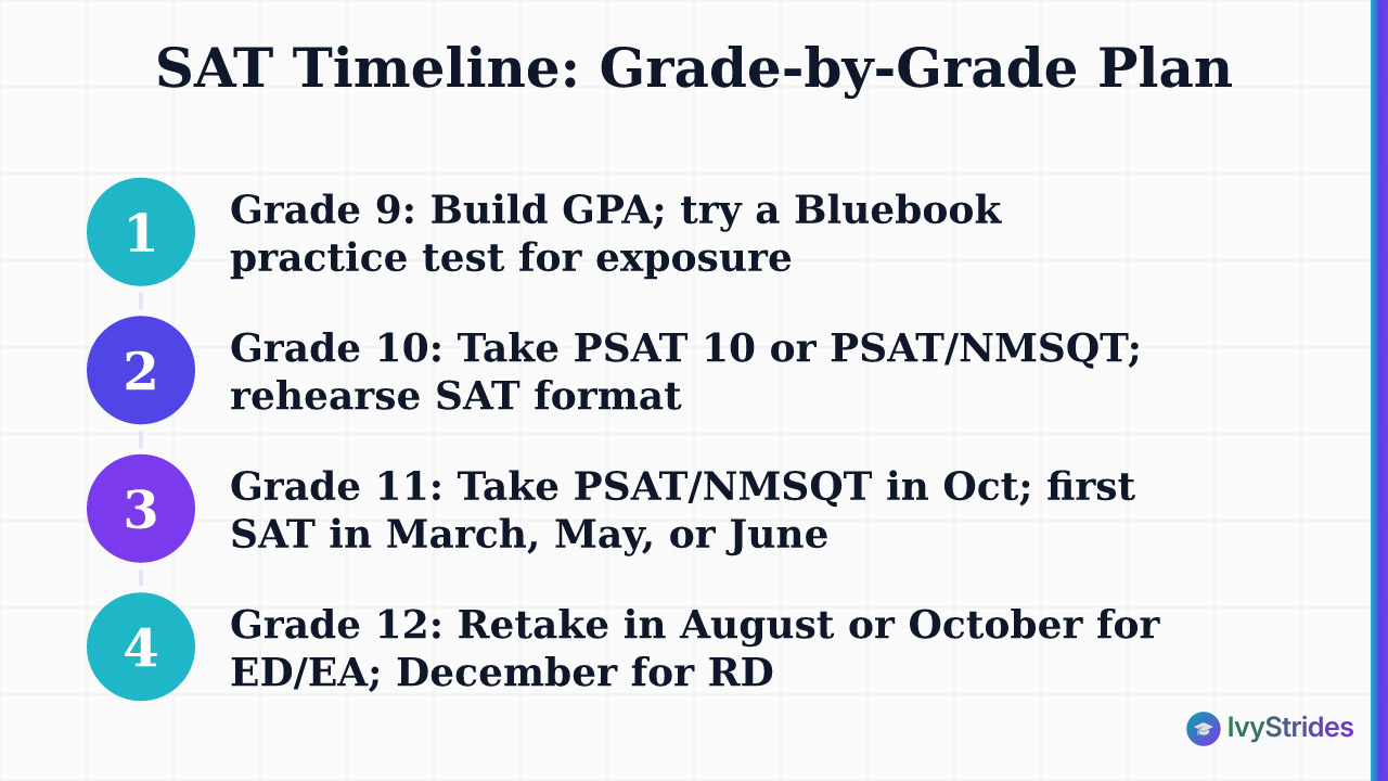 Grade-by-grade SAT timeline showing key actions from 9th through 12th grade for college-bound students