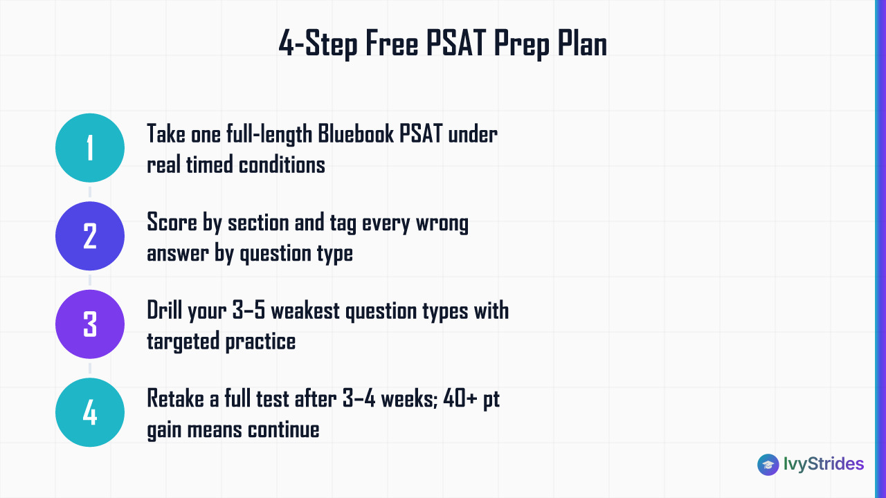 4-step PSAT prep plan: simulate test, analyze errors by type, drill weak areas, retest to measure progress