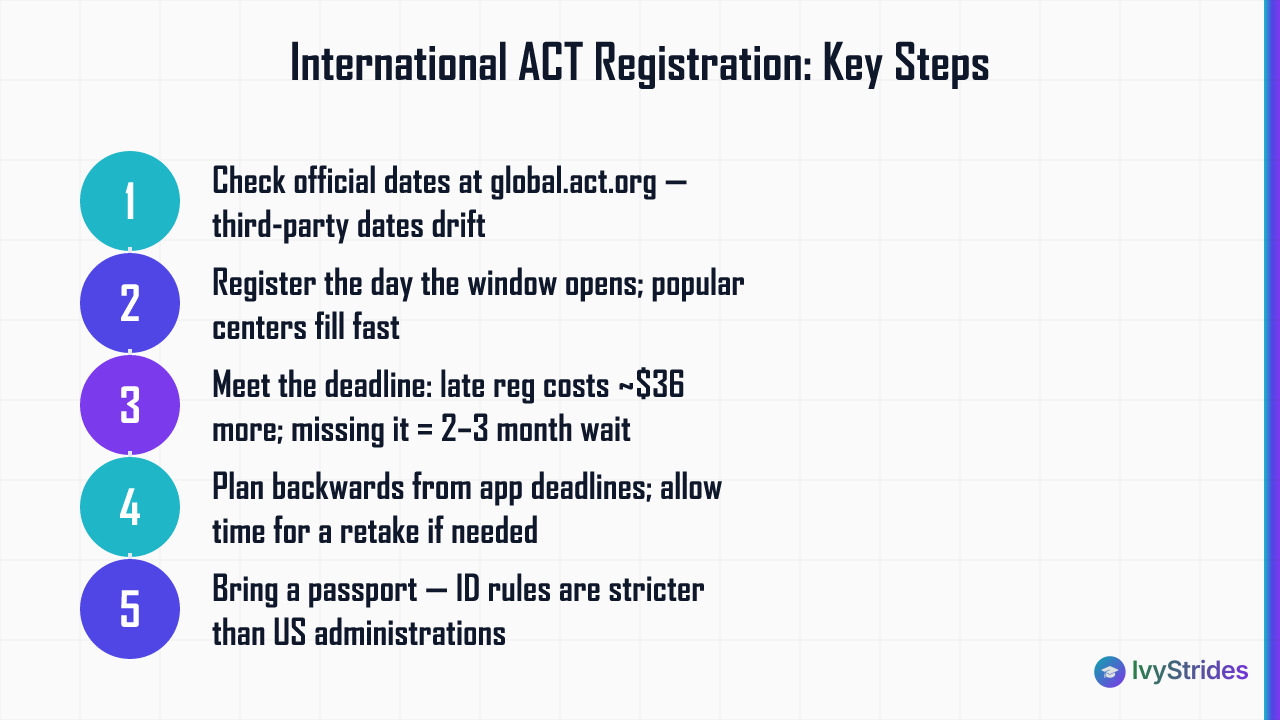 5-step process for international ACT registration covering deadlines, seat availability, score timing, and ID requirements