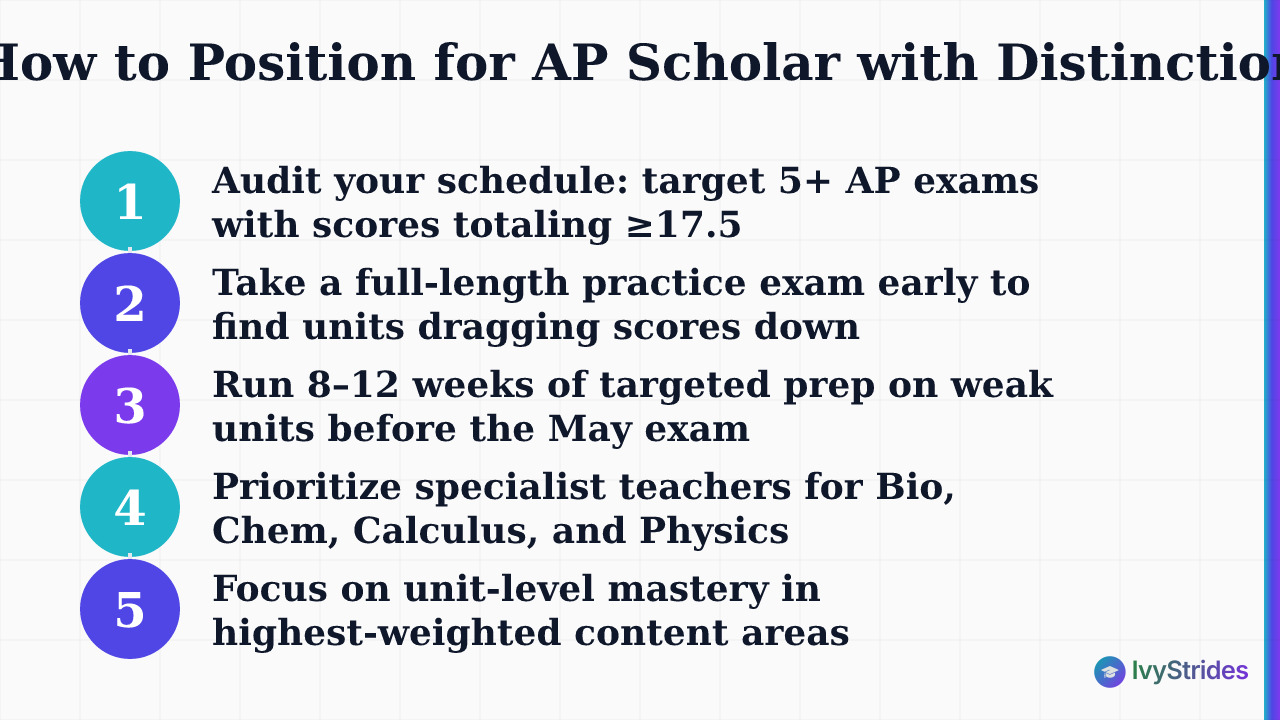5-step process to earn AP Scholar with Distinction: audit schedule, diagnose weak units, targeted prep, specialist teachers, 