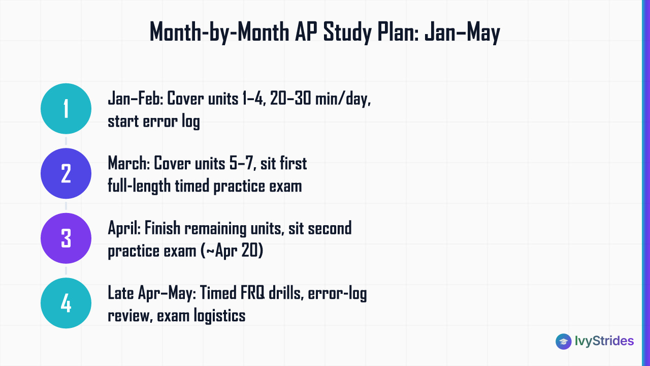 4-step month-by-month AP study plan from January through May showing units, practice exams, and final prep