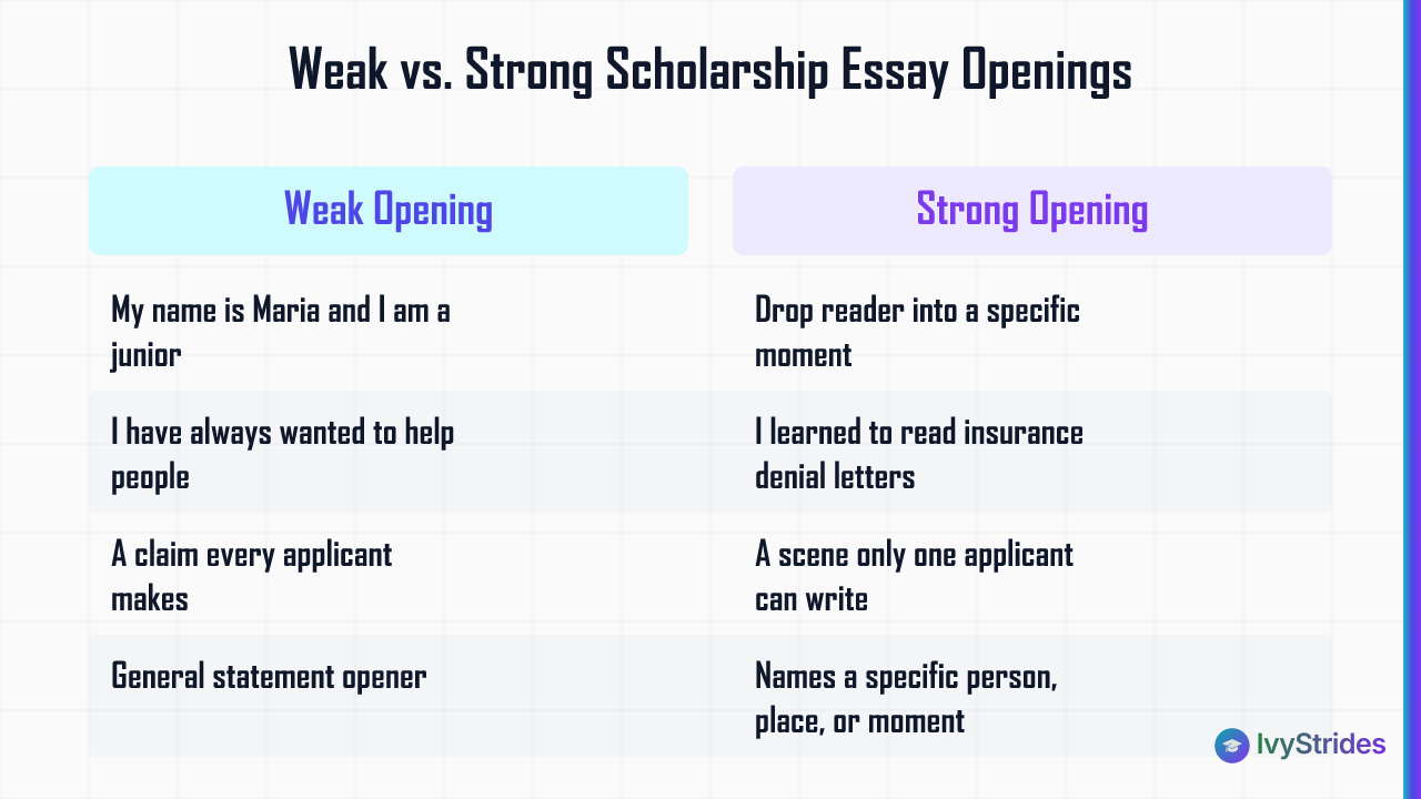 Comparison table showing weak vs strong scholarship essay opening hooks with examples from the section
