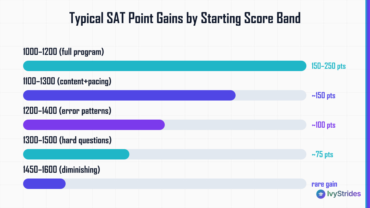 Horizontal bar chart showing expected SAT score gains by starting band, from 150–250 pts at 1000–1200 down to rare gains abov