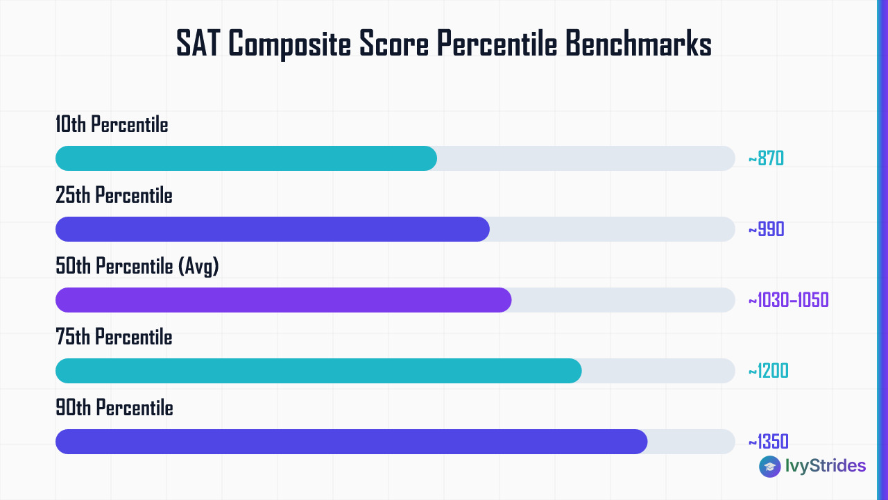Horizontal bar chart showing 2026 SAT composite scores by percentile rank from 870 at 10th to 1550+ at 99th percentile
