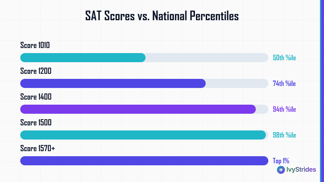 Horizontal bar chart showing SAT scores from 1010 to 1570+ mapped to national percentiles from 50th to top 1%