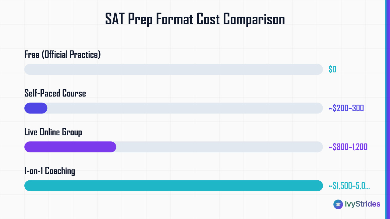 Horizontal bar chart comparing SAT prep format costs from $0 for free practice to $5,000+ for 1-on-1 coaching