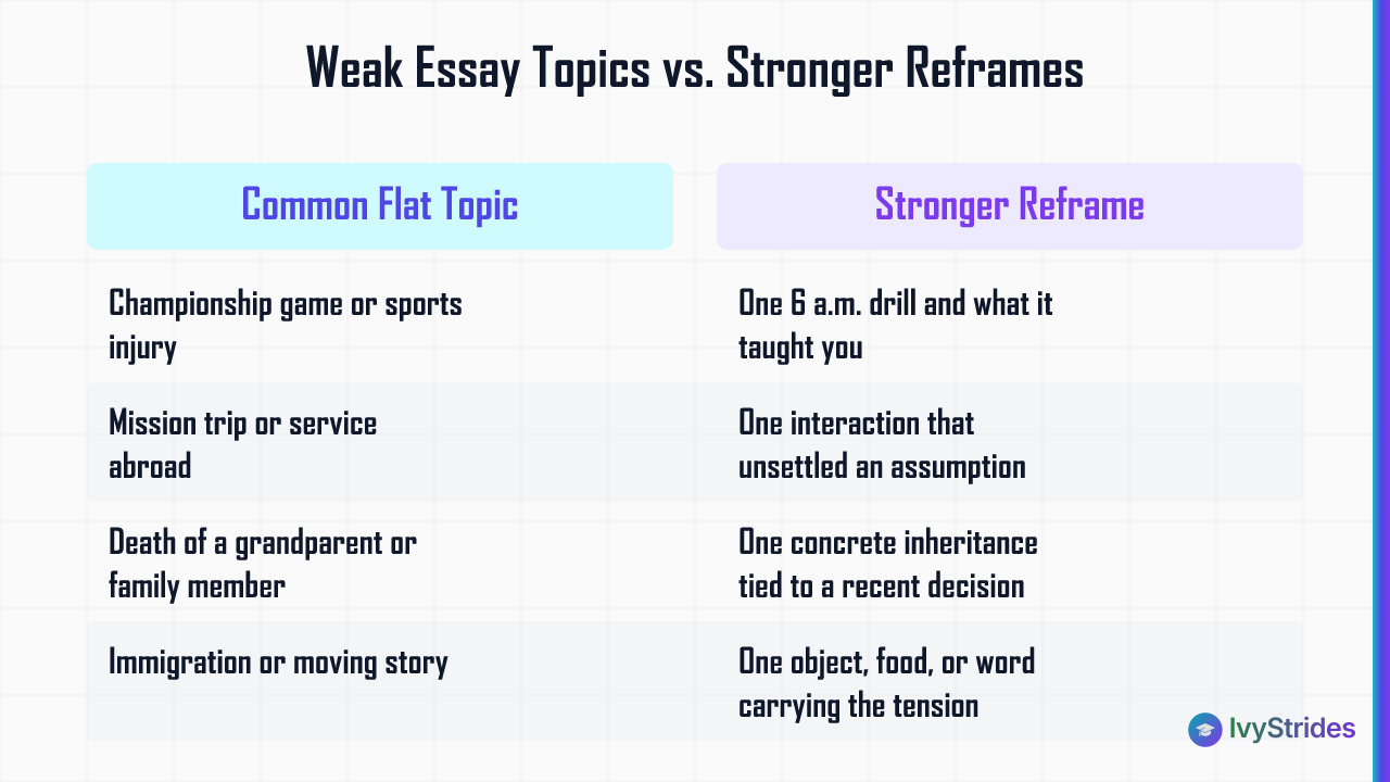 Comparison table of 5 overused college essay topics versus specific reframes that make each topic stronger