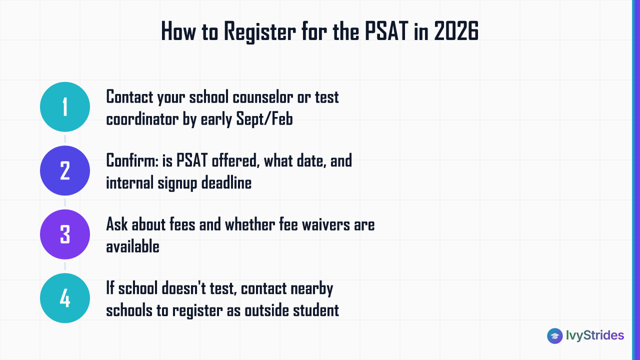 4-step PSAT 2026 registration process: contact counselor, confirm details, ask about fees, find alternate school