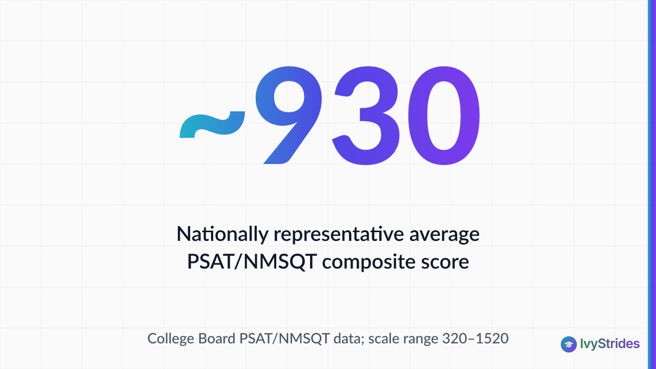 Stat callout showing the average PSAT/NMSQT composite score is approximately 930 out of 1520