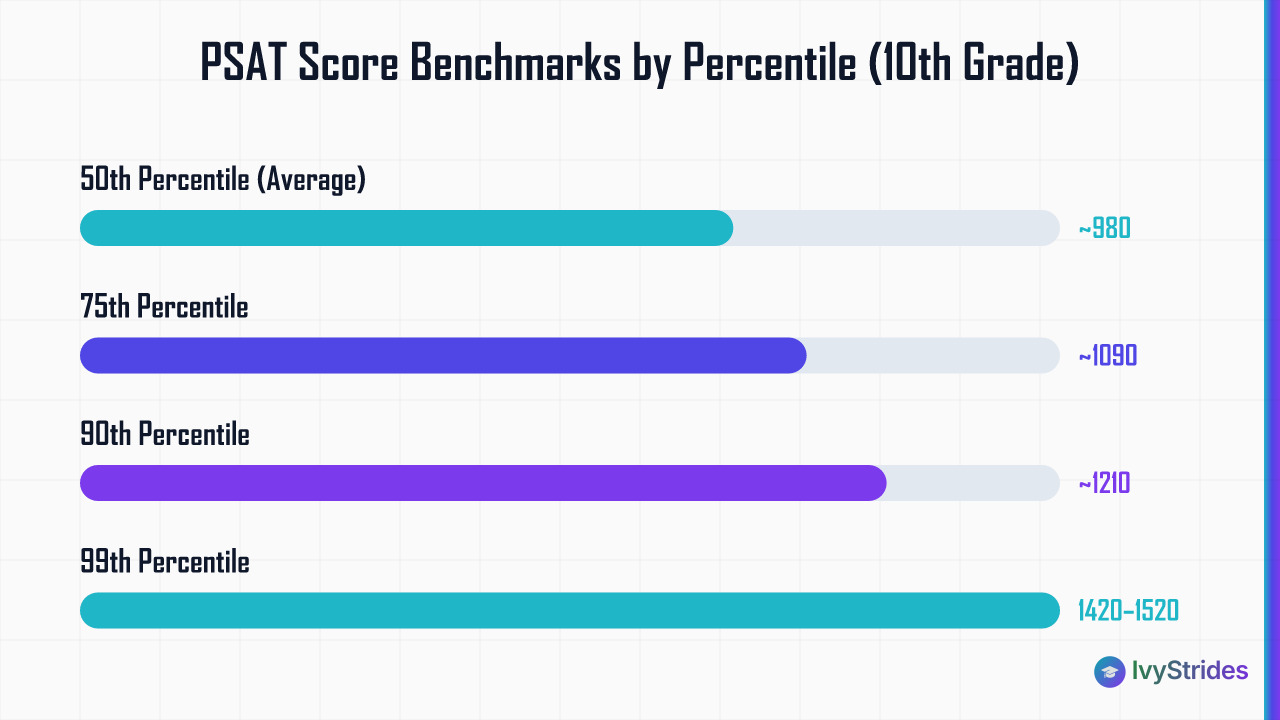 Horizontal bar chart showing PSAT total score benchmarks for 10th graders at the 50th, 75th, 90th, and 99th percentiles.