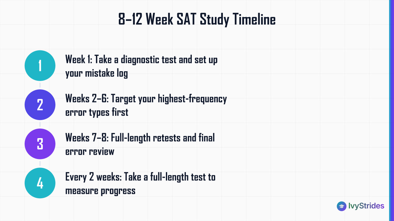 Numbered steps showing the 8-to-12-week SAT study timeline for a 200-point score gain