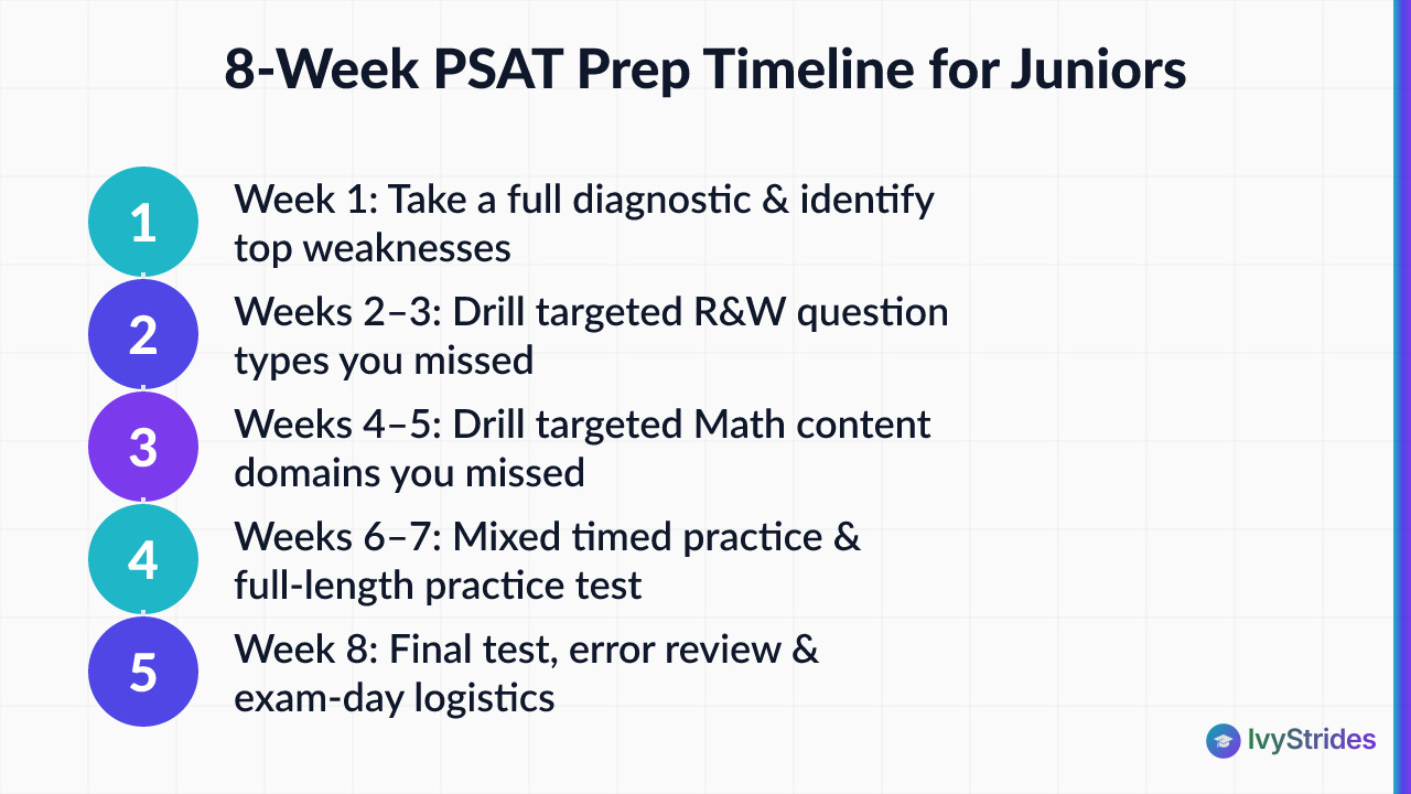 5-step 8-week PSAT prep timeline for juniors: diagnostic, R&W drill, Math drill, mixed practice, final test