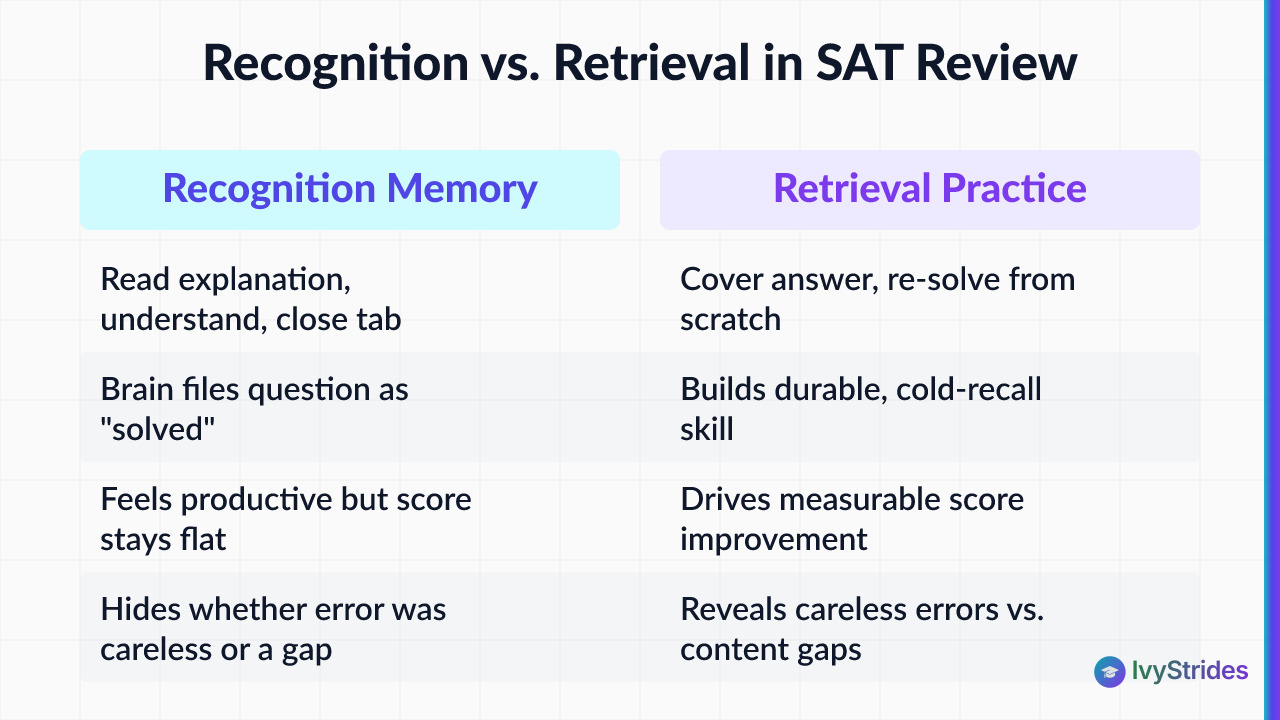Comparison table showing recognition memory SAT review vs retrieval practice re-solve technique and their impact on score imp