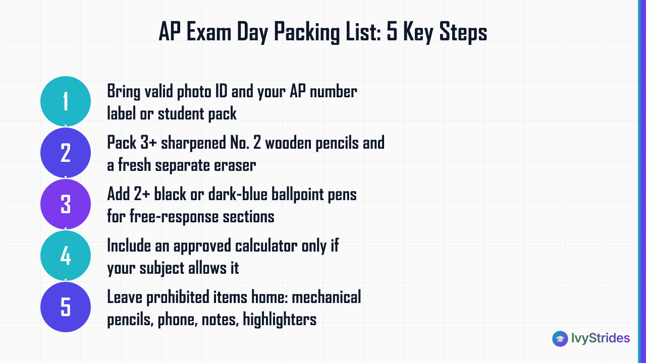 5-step AP exam day packing checklist covering ID, pencils, pens, calculator, and prohibited items