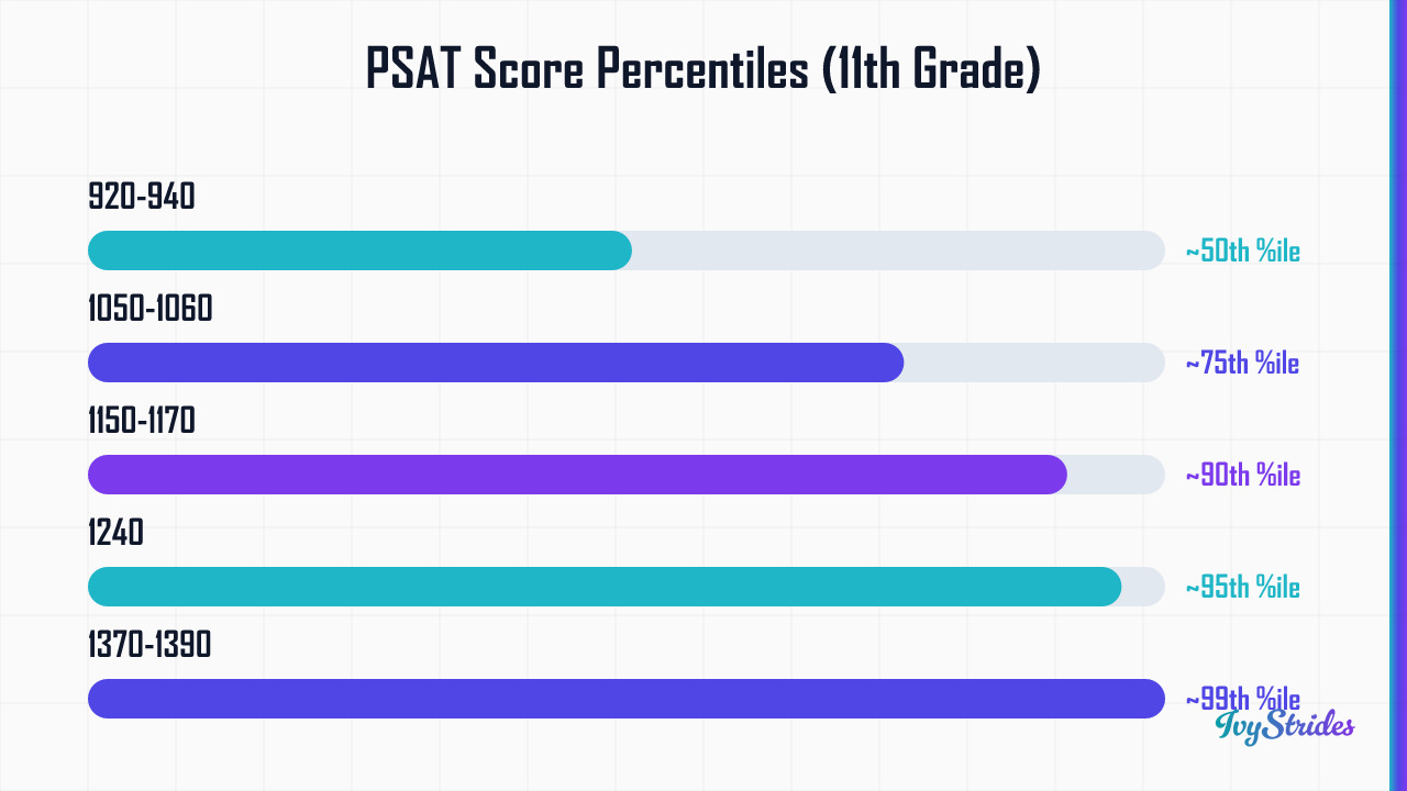 Horizontal bar chart showing PSAT total scores mapped to percentile ranks for 11th graders, from 50th to 99th percentile