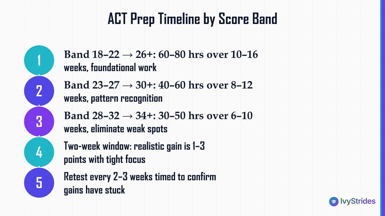 Numbered steps showing ACT prep timelines and hours needed for each score band from 18 to 34+