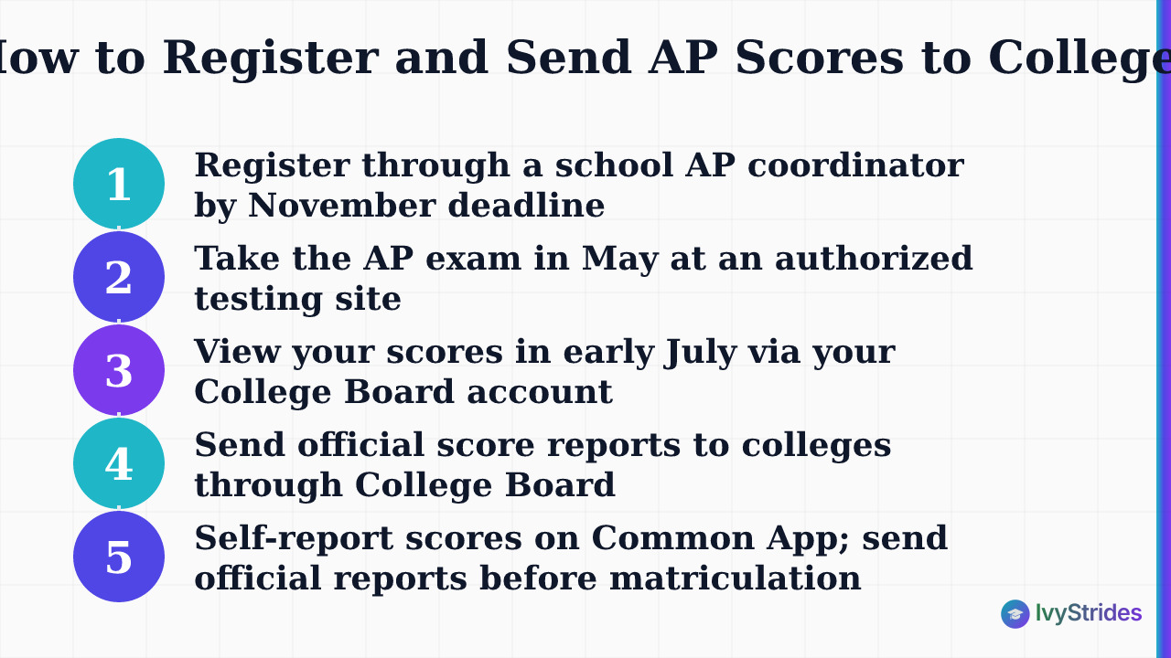 5-step process for registering for AP exams and sending official scores to colleges via College Board