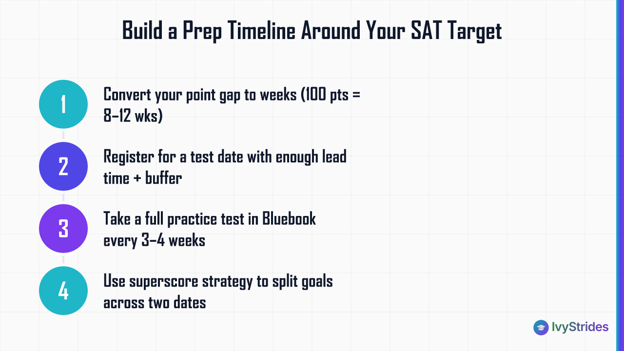 4-step SAT prep timeline process: convert gap to weeks, register early, retest every 3-4 weeks, and use superscore strategy