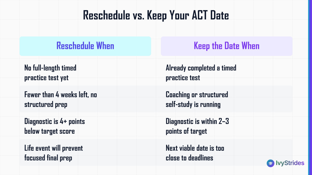 Comparison table showing when to reschedule vs. keep your ACT test date based on prep readiness and score gap