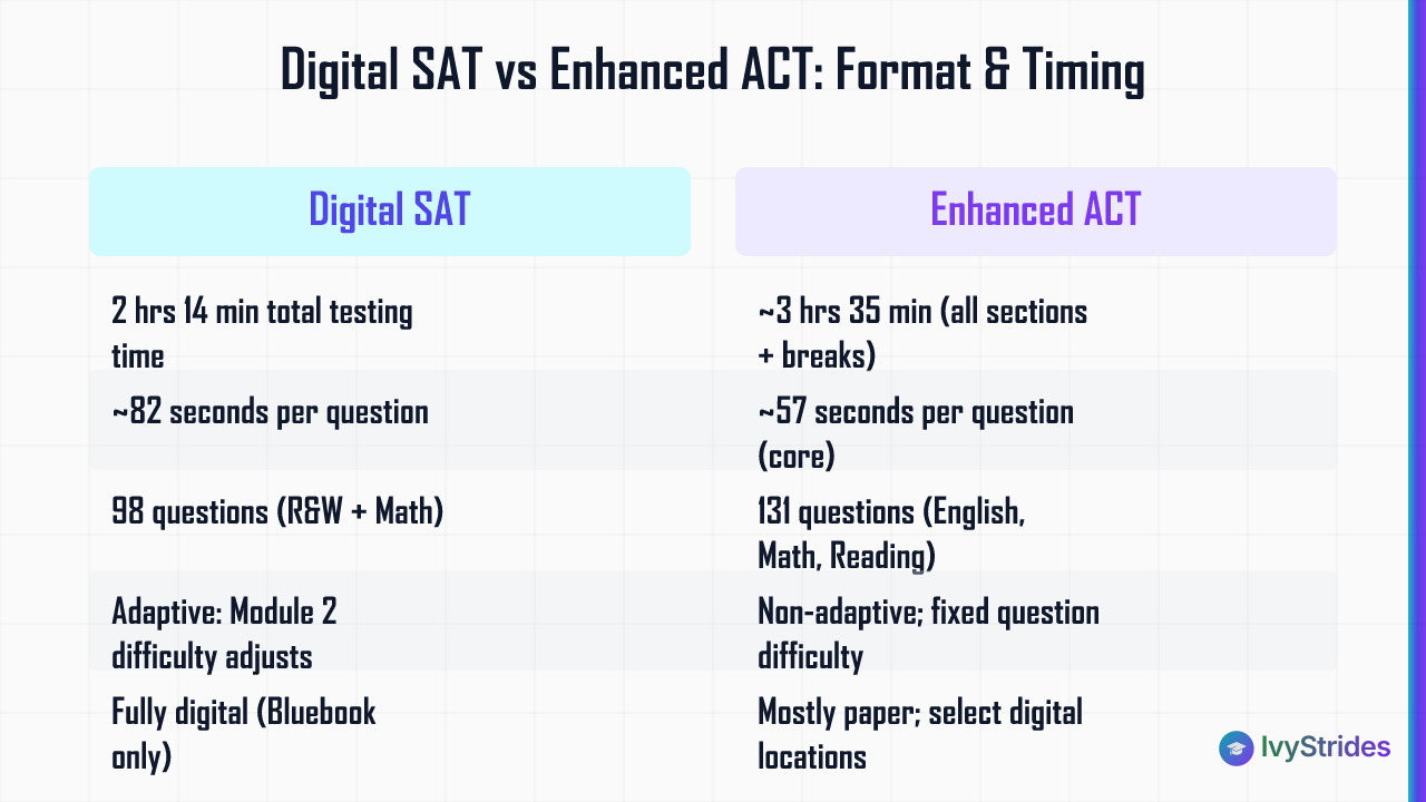 Comparison table of Digital SAT vs Enhanced ACT covering timing, pacing, question count, adaptive format, and delivery method