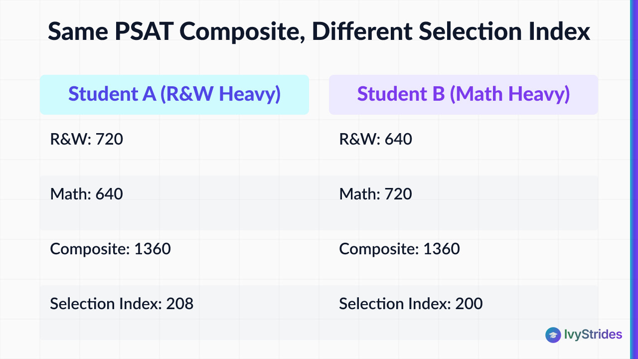 Comparison table showing how two students with identical PSAT composites of 1360 get Selection Indexes of 208 vs 200 due to R