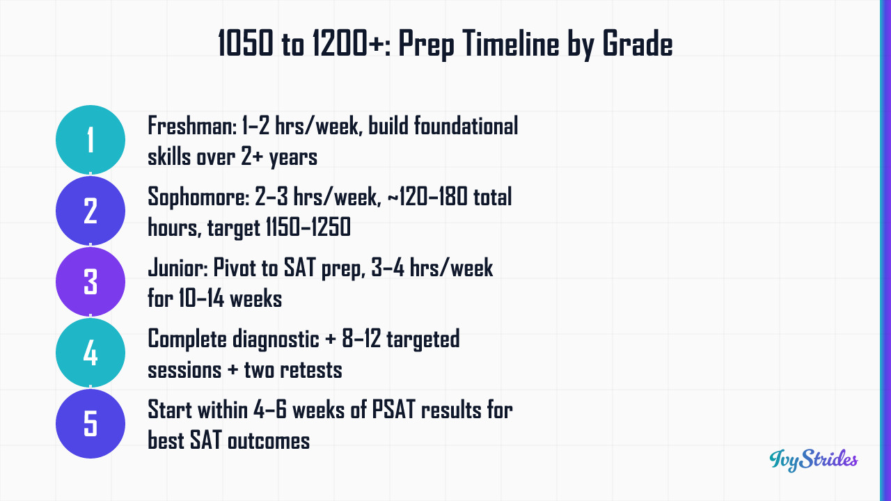 Numbered prep timeline showing how freshmen, sophomores, and juniors scoring 1050 on the PSAT can reach 1200+ by grade level