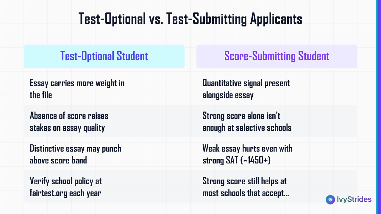 Comparison table showing how essay weight and strategy differ for test-optional vs score-submitting college applicants