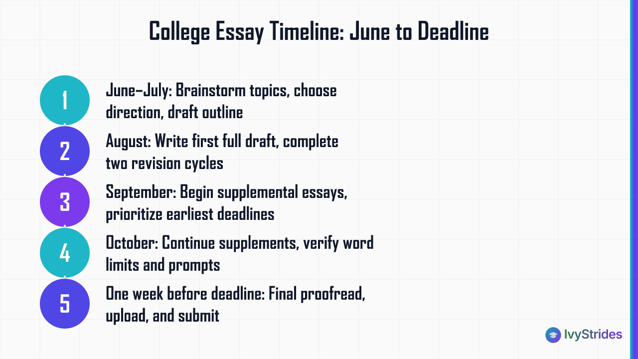 5-step college essay timeline from June brainstorming to final submission for November Early Decision deadlines