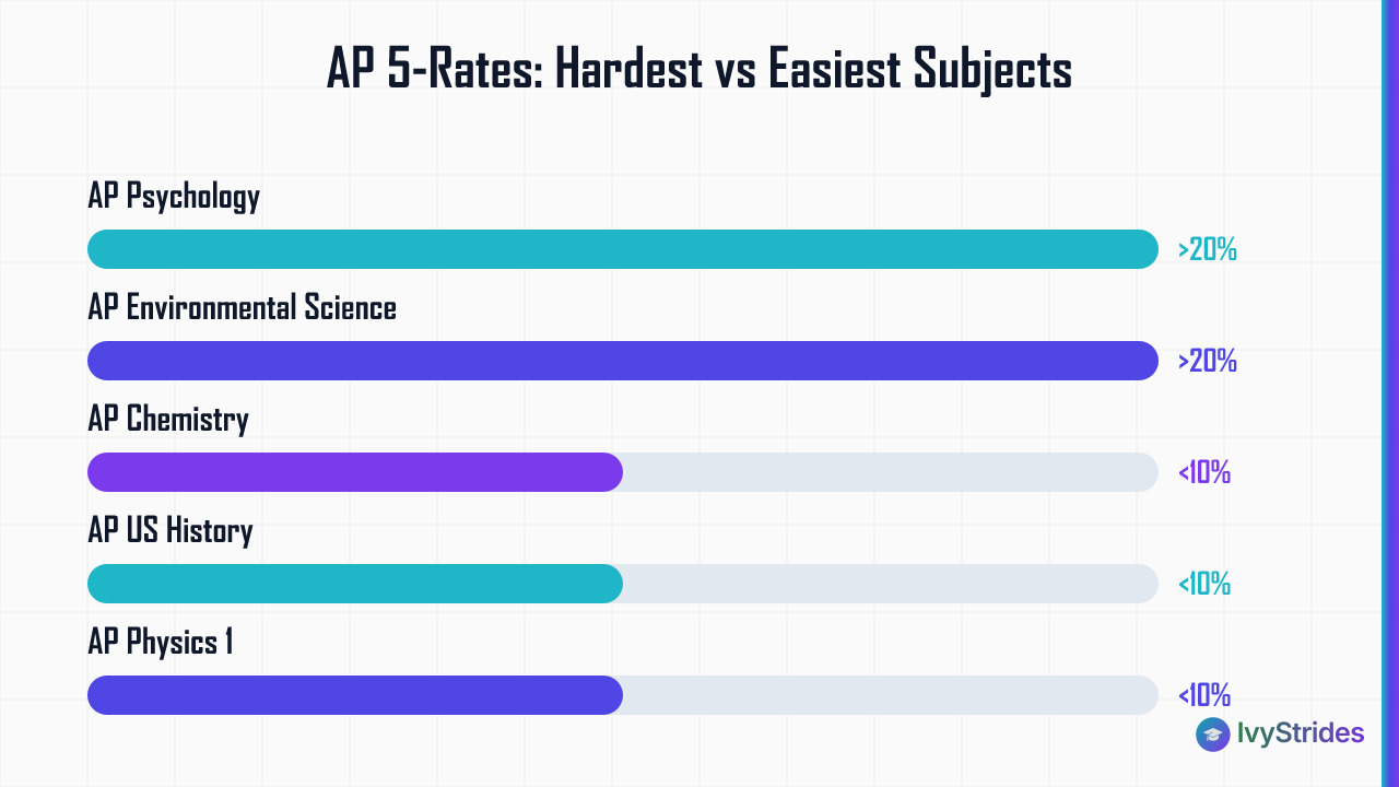 Bar chart comparing AP exam 5-rates: Psychology and Environmental Science above 20%, Physics 1, Chemistry, and US History bel