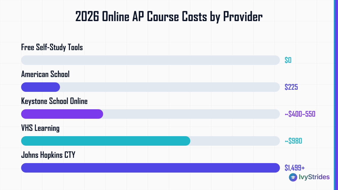 Horizontal bar chart comparing 2026 online AP course costs from $0 for free tools to $1,499+ for Johns Hopkins CTY