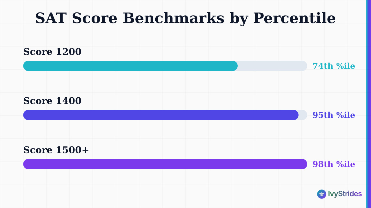 Horizontal bar chart showing SAT scores 1200, 1400, and 1500+ mapped to 74th, 95th, and 98th national percentiles