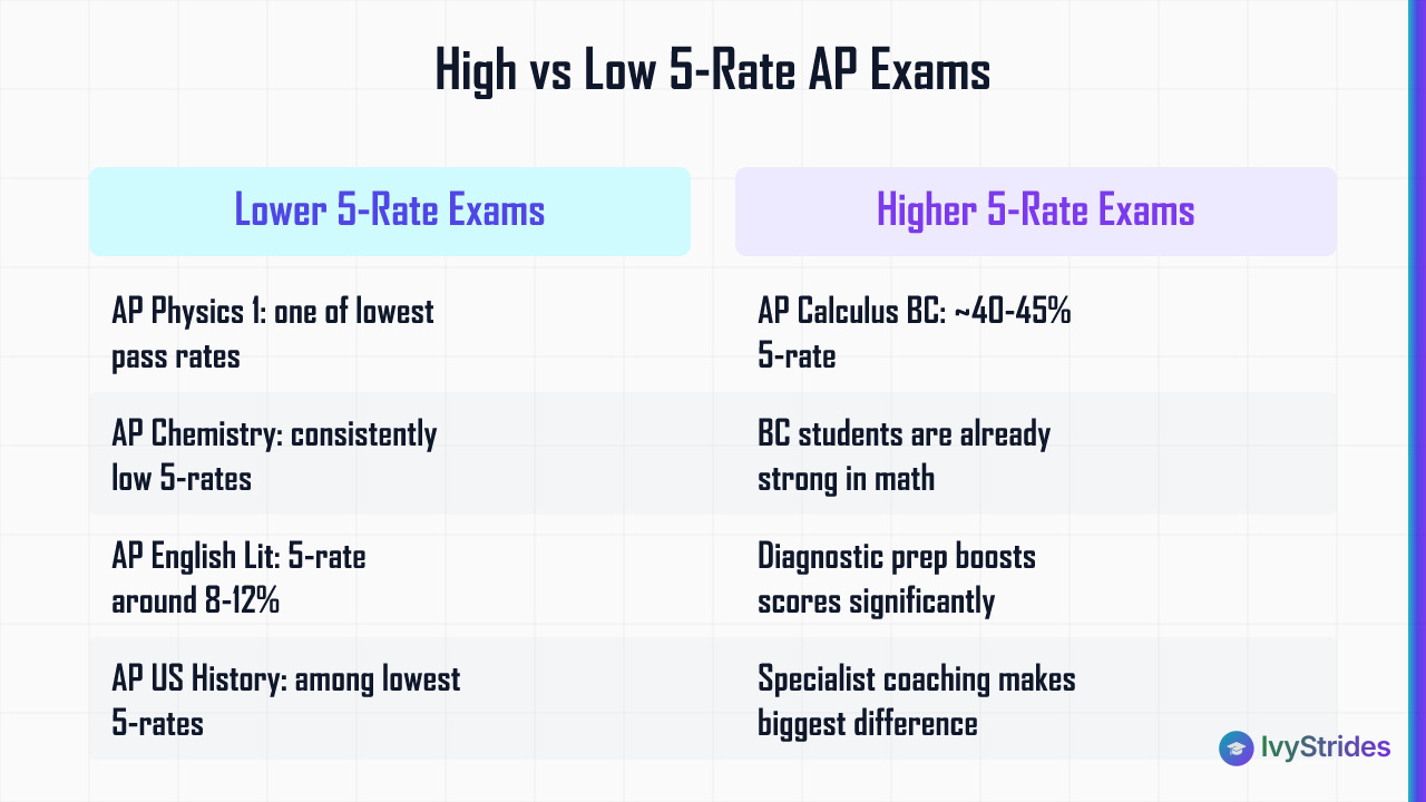 Comparison table of AP exams with low vs high 5-rates including Physics 1, Chemistry, AP Lit, and Calculus BC