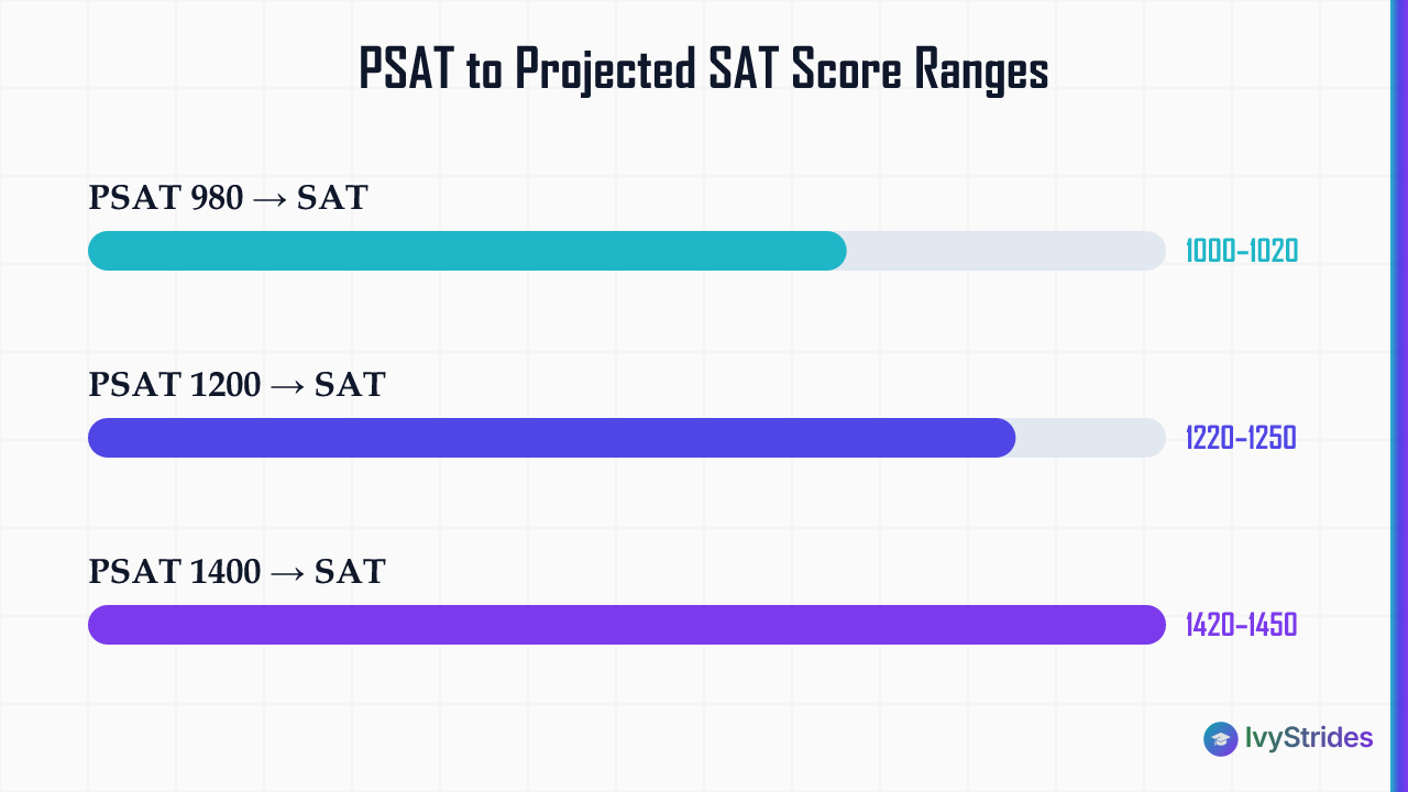 Bar chart showing PSAT composites of 980, 1200, and 1400 projecting to SAT ranges of 1000-1020, 1220-1250, and 1420-1450