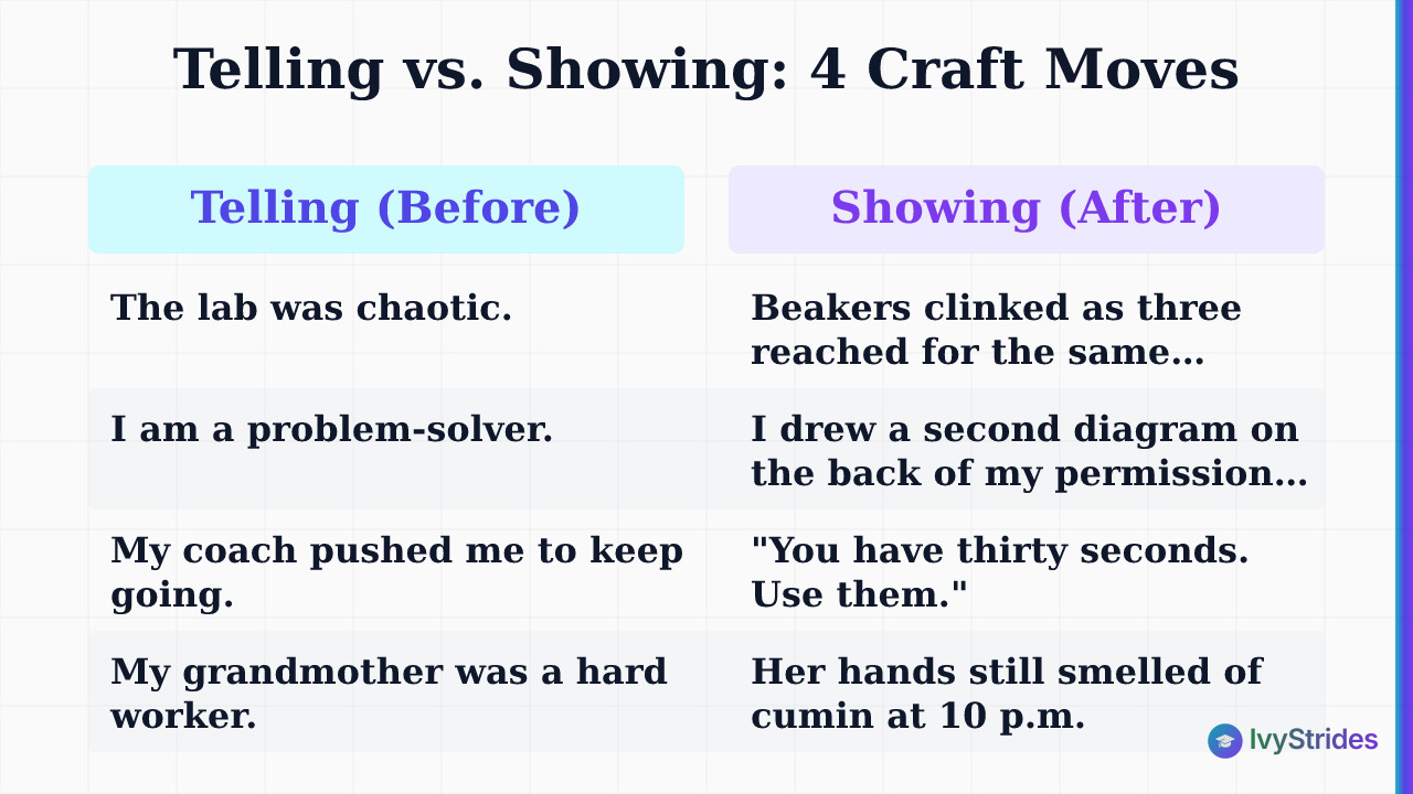 Comparison table showing four before-and-after examples of telling vs. showing in college essays using craft moves