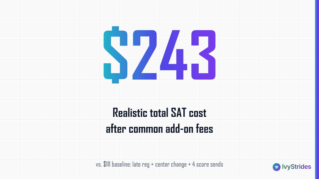 Stat callout showing a realistic SAT total cost of $243 for international students after late registration, center change, an