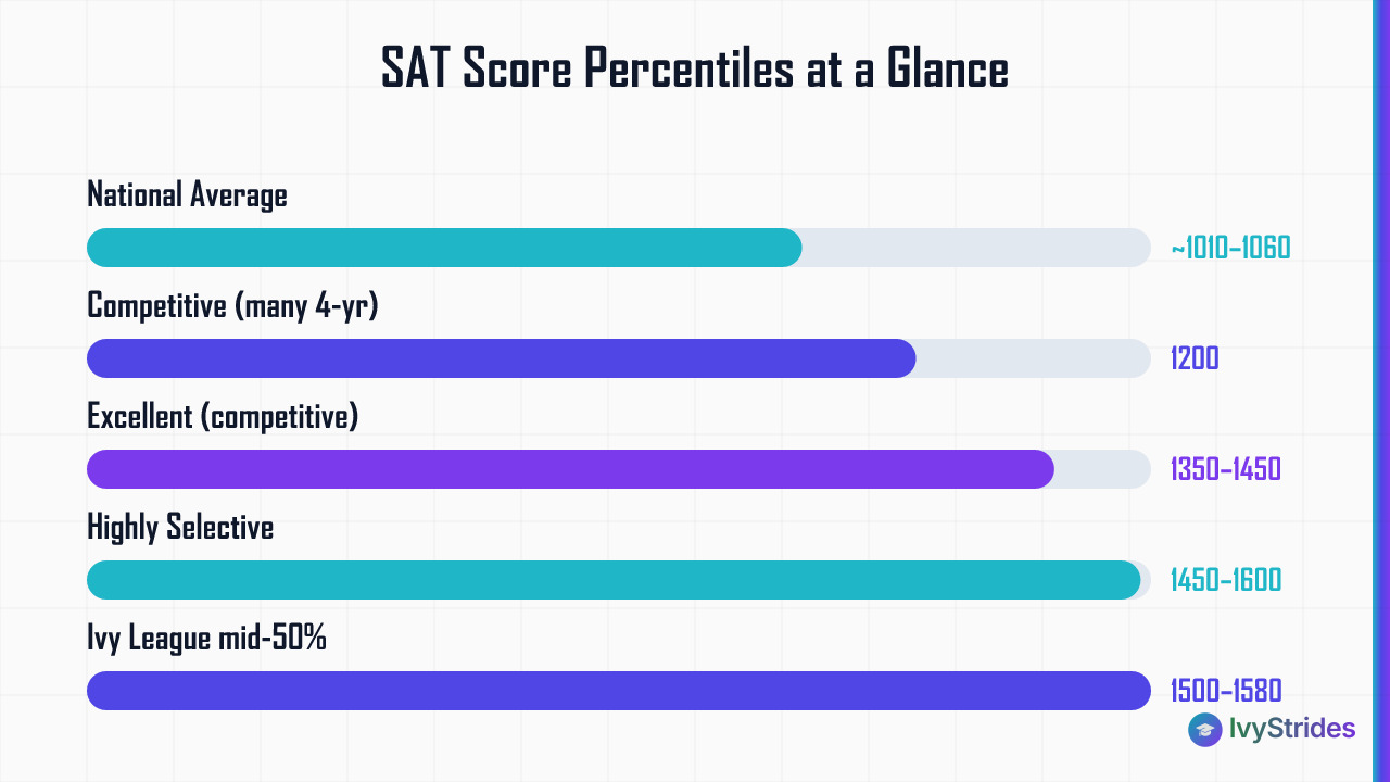 Horizontal bar chart showing SAT score benchmarks from national average (~1035) to Ivy League mid-50% range (1500–1580)