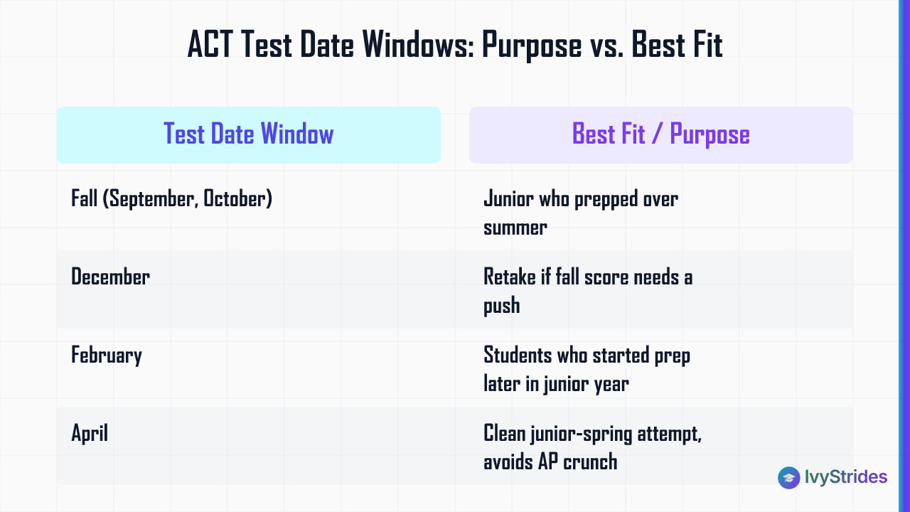 Comparison table of ACT test date windows from fall to summer showing the best student fit for each sitting period
