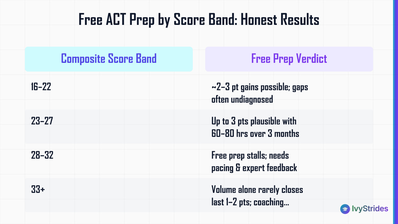 Comparison table showing ACT free prep effectiveness across four composite score bands from 16 to 33+